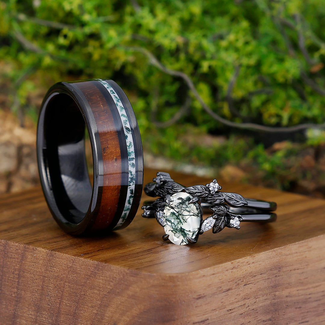 Dainty Moss Agate Leaves Couples Ring Set Wood Strips Moss Agate Tungsten Matching Ring