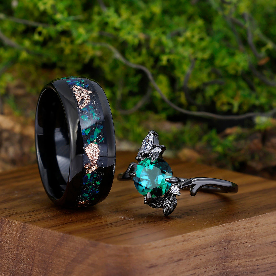 Minimalist Floral Emerald His and Hers Wedding Band Peacock Green Opal Couples Ring Set