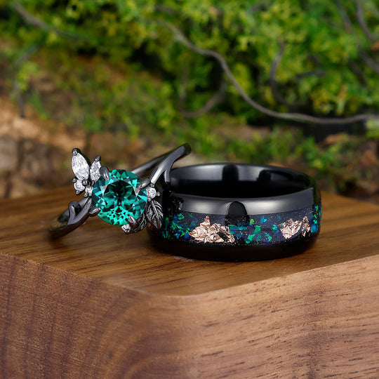 Minimalist Floral Emerald His and Hers Wedding Band Peacock Green Opal Couples Ring Set