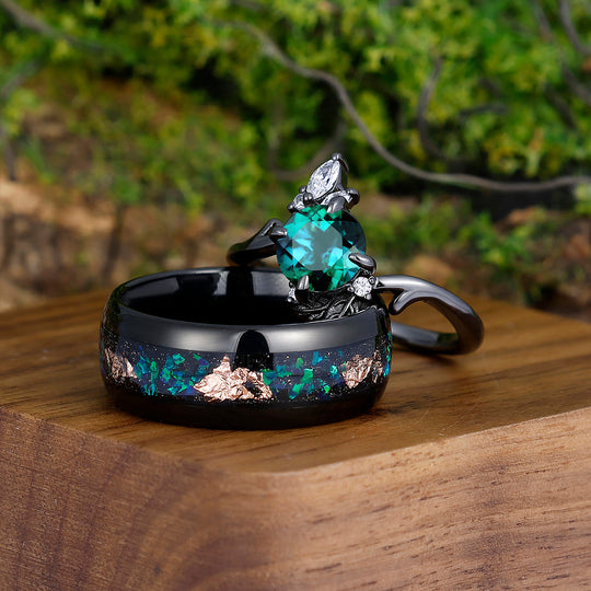 Minimalist Floral Emerald His and Hers Wedding Band Peacock Green Opal Couples Ring Set