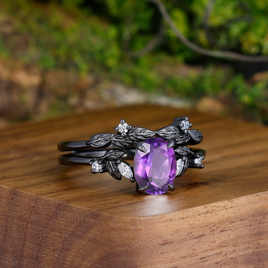 Unique Deep Purple Oval Cut Amethyst Branches Couples Ring Set Tungsten Matching Promise Rings