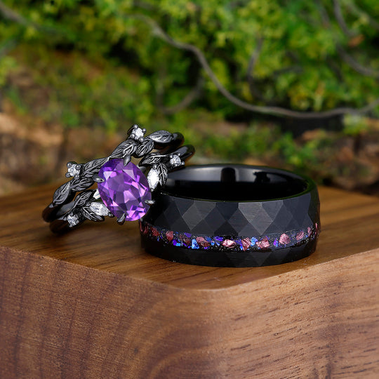 Unique Deep Purple Oval Cut Amethyst Branches Couples Ring Set Tungsten Matching Promise Rings