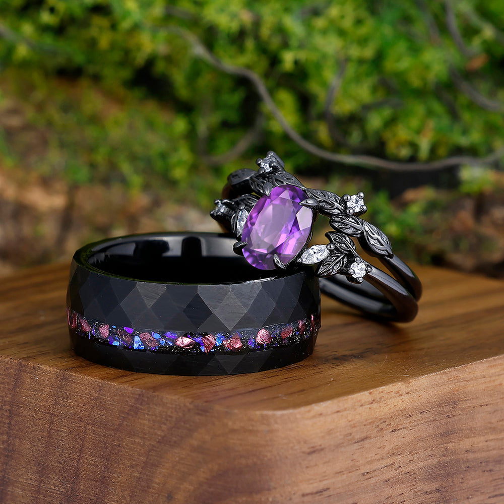 Unique Deep Purple Oval Cut Amethyst Branches Couples Ring Set Tungsten Matching Promise Rings