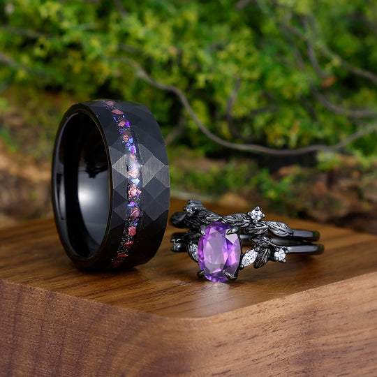 Unique Deep Purple Oval Cut Amethyst Branches Couples Ring Set Tungsten Matching Promise Rings