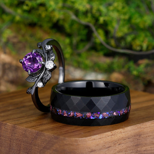 Captivating Purple Round Cut Amethyst Couples Ring Set Purple Blue Tungsten His and Hers Wedding Band