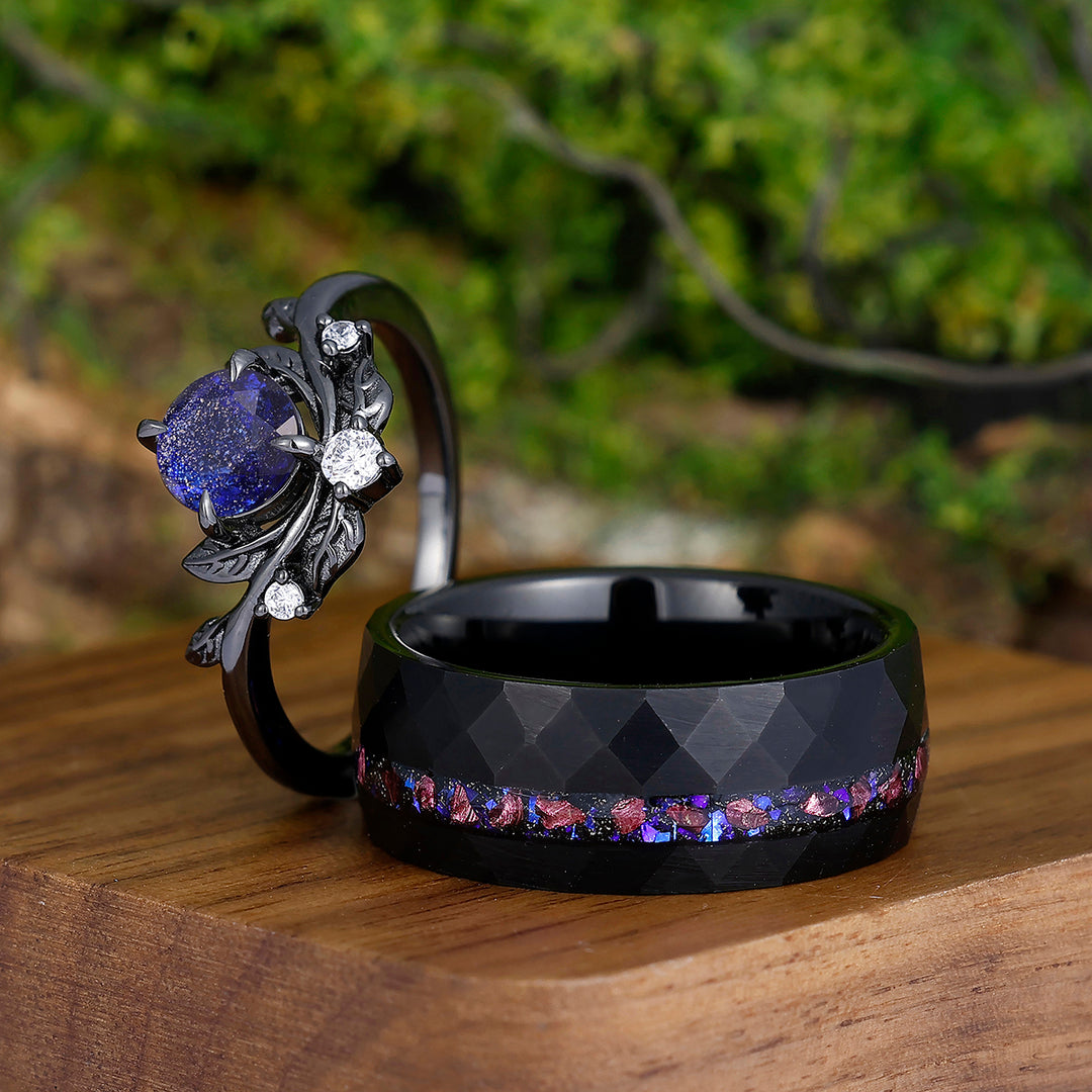 Starry Galaxy Sandstone Leaves Couples Ring Set Blue Purple Hammered Tungsten Personalized Couples' Ring Band