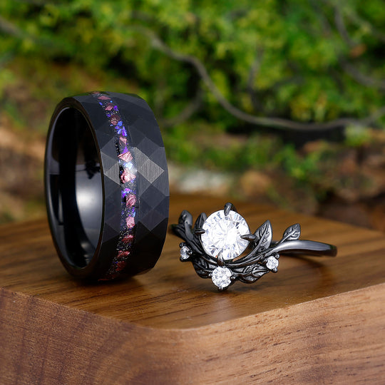 Artsy Leaf Blade Moissanite Prongs Matching Promise Rings Blue Sandstone Purple Tungsten Couples Ring