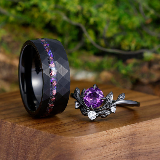 Captivating Purple Round Cut Amethyst Couples Ring Set Purple Blue Tungsten His and Hers Wedding Band