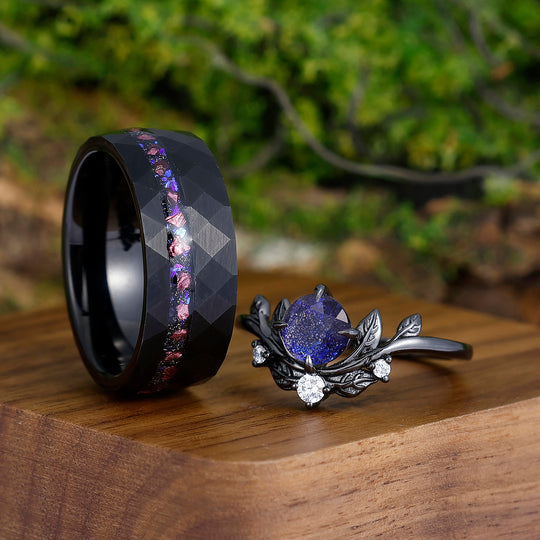 Starry Galaxy Sandstone Leaves Couples Ring Set Blue Purple Hammered Tungsten Personalized Couples' Ring Band