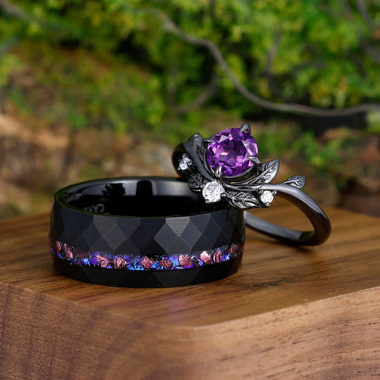 Captivating Purple Round Cut Amethyst Couples Ring Set Purple Blue Tungsten His and Hers Wedding Band