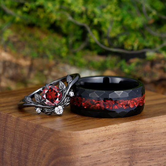 Noble Round Cut Red Garnet Leaves Couples Ring Set Wear-resistant Ruby Tungsten Matching Ring Set