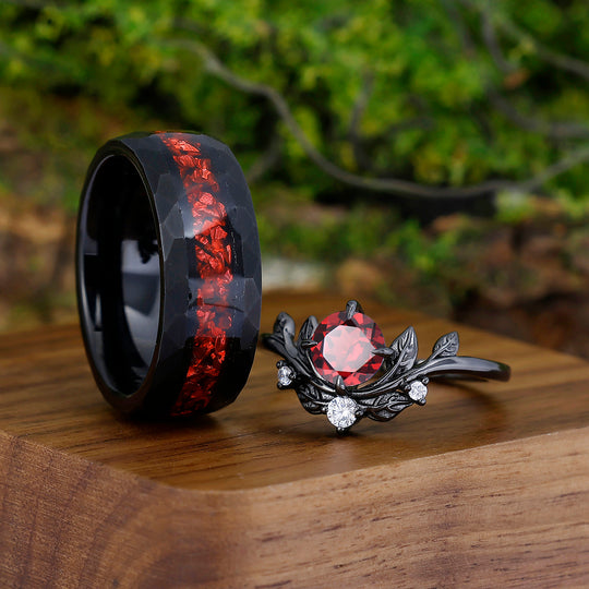 Noble Round Cut Red Garnet Leaves Couples Ring Set Wear-resistant Ruby Tungsten Matching Ring Set