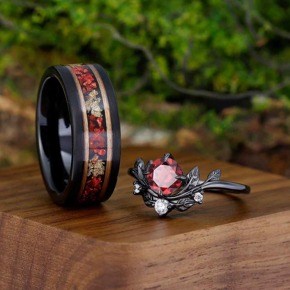 Dainty Red Garnet Engagement Twigs Black Plated Couples Ring Set Ruby Tungsten Matching Ring Couples' Set