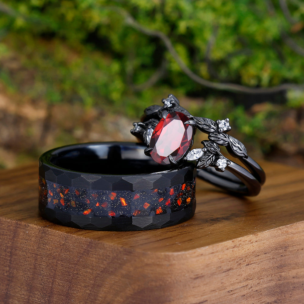 Leaves Natural Red Garnet Engagement Black Plated Couples Ring Hammered Tungsten Matching Band Couples' Set