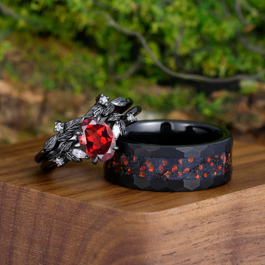 Leaves Natural Red Garnet Engagement Black Plated Couples Ring Hammered Tungsten Matching Band Couples' Set