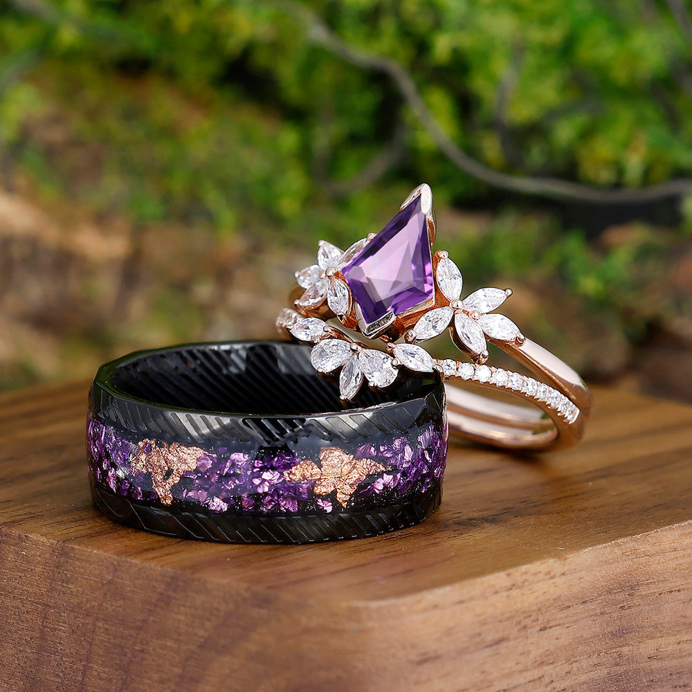 Retro Petal Kite Cut Amethyst Couples Ring Set S925 And Damascus Steel His and Hers Wedding Band