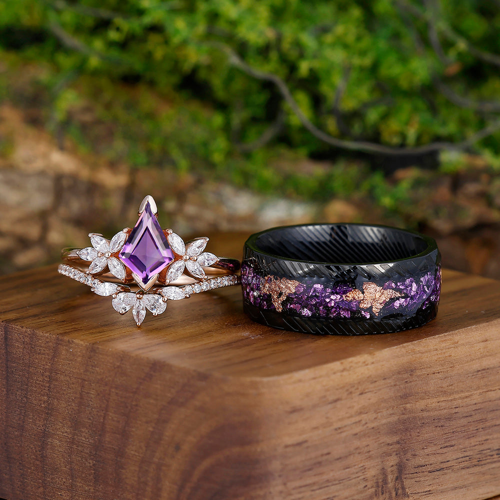 Retro Petal Kite Cut Amethyst Couples Ring Set S925 And Damascus Steel His and Hers Wedding Band