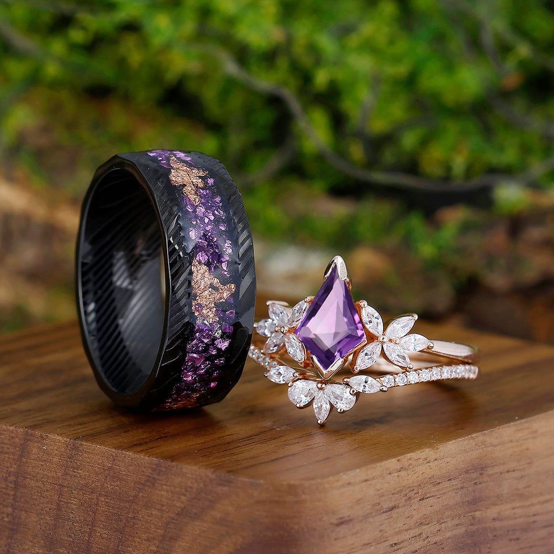 Retro Petal Kite Cut Amethyst Couples Ring Set S925 And Damascus Steel His and Hers Wedding Band