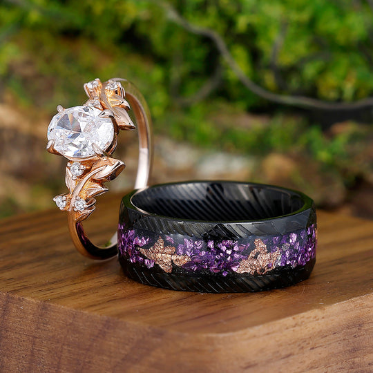 Artsy Leaf Prong Setting Moissanite Couples Ring Set Matching Amethyst Gold Foil Damascus Steel Ring