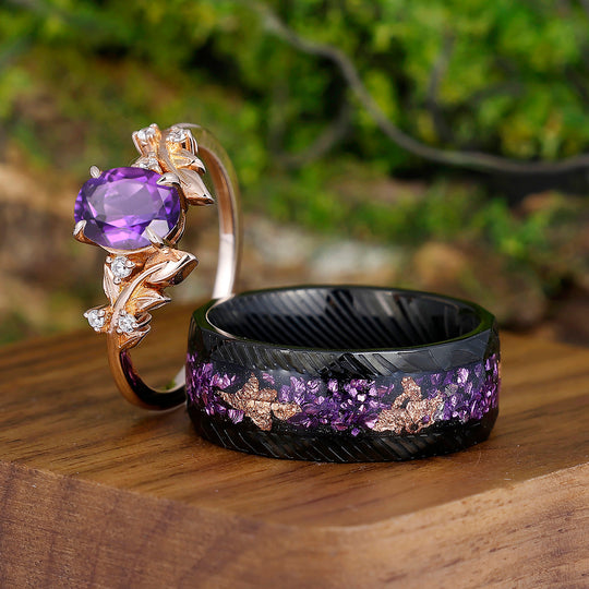 Noble Foliage Oval Cut Natural Amethyst His and Hers Wedding Band Matching Damascus Steel Couples Ring Set