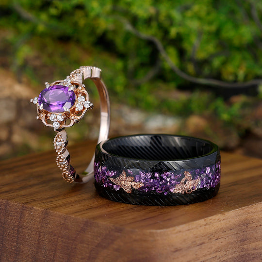 Dainty Natural Amethyst Deco Milgrain Moissanite Floral Couples Ring Set Damascus Steel Matching Ring Set