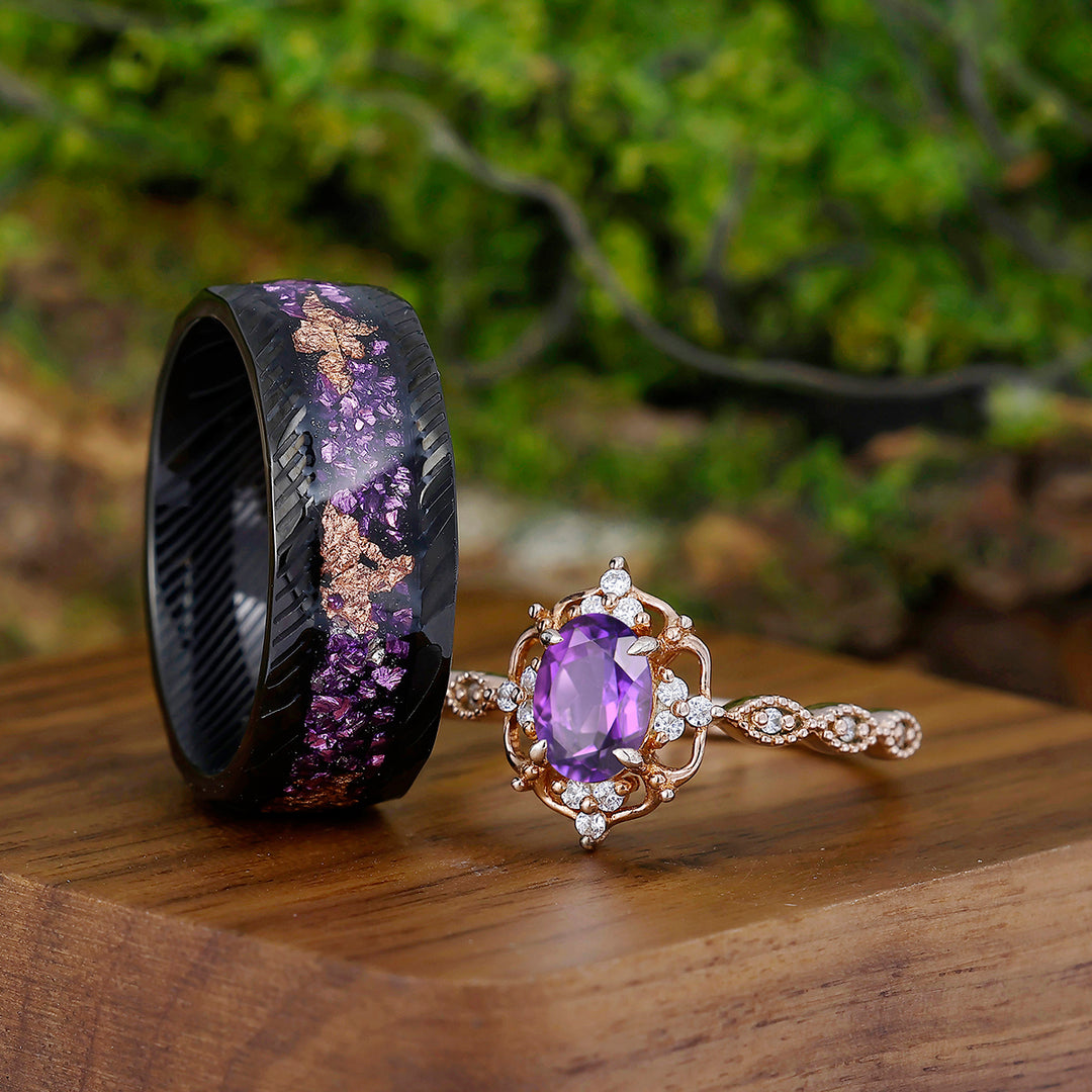 Dainty Natural Amethyst Deco Milgrain Moissanite Floral Couples Ring Set Damascus Steel Matching Ring Set