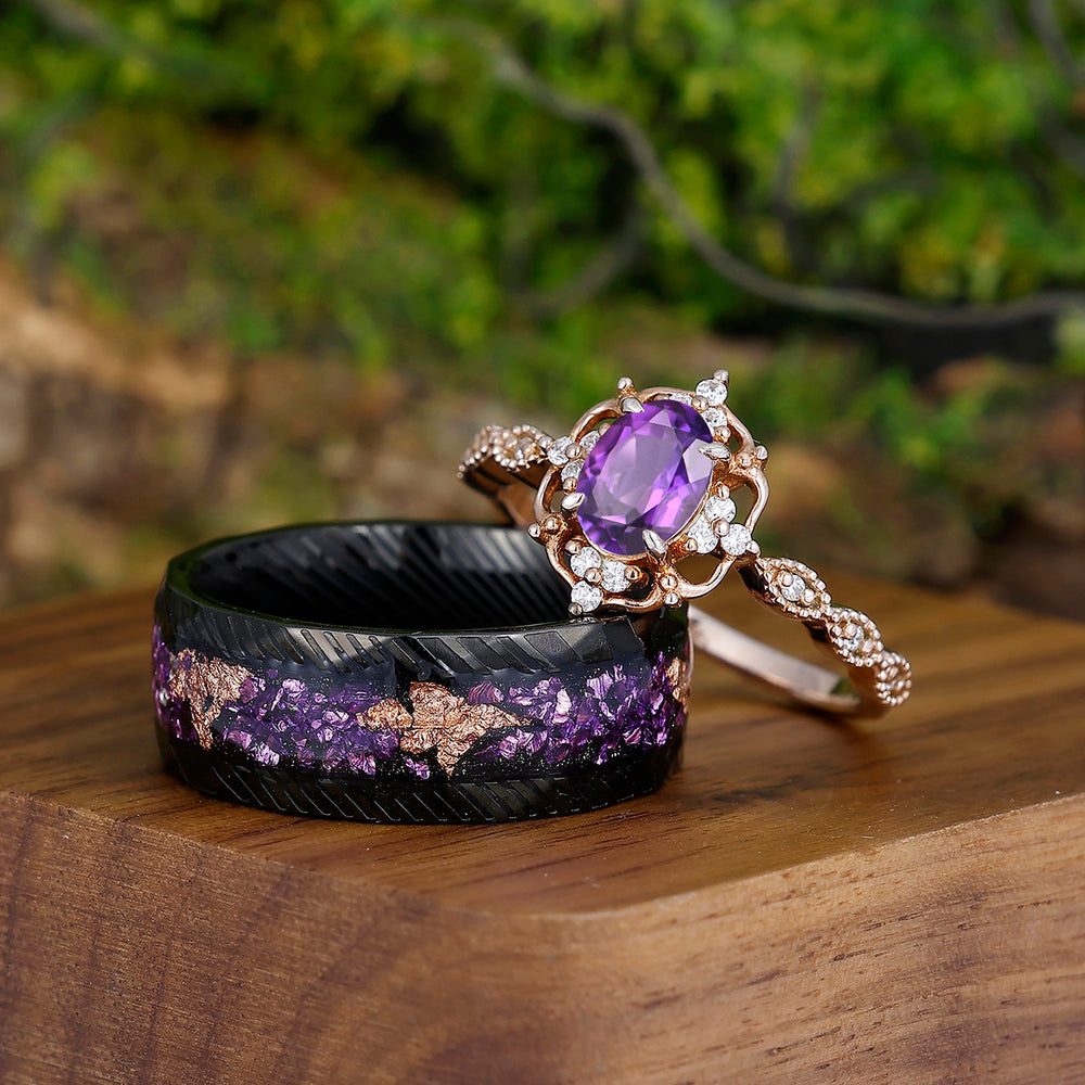 Dainty Natural Amethyst Deco Milgrain Moissanite Floral Couples Ring Set Damascus Steel Matching Ring Set