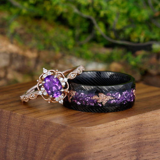 Dainty Natural Amethyst Deco Milgrain Moissanite Floral Couples Ring Set Damascus Steel Matching Ring Set