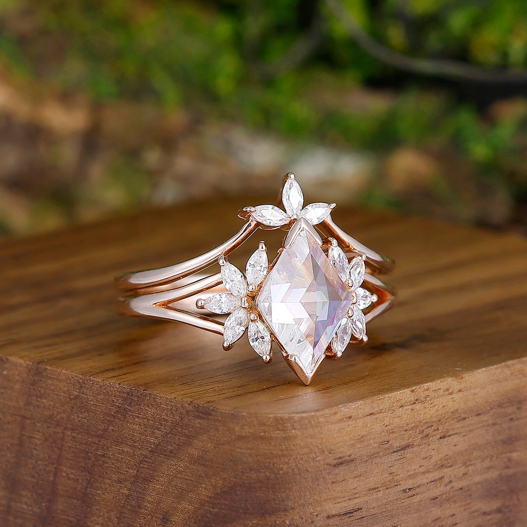 Elegant Petal Shape Moissanite Modern Couple's Set White Opal Rose Gold Plated Couple Rings