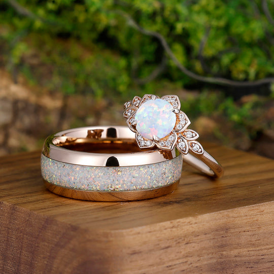 Classic Flower Shaped Pink White Opal Couples Ring Set 925 Sterling Silver And Opal Tungsten Matching Ring