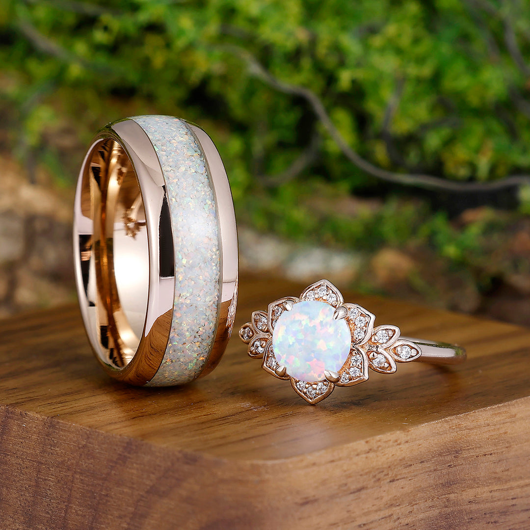 Classic Flower Shaped Pink White Opal Couples Ring Set 925 Sterling Silver And Opal Tungsten Matching Ring