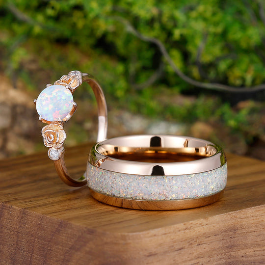 Art Deco Rose Shaped Pink White Opal Couples Ring Set Rose Gold Plated Matching Promise Rings for Couples