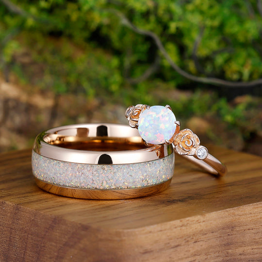 Art Deco Rose Shaped Pink White Opal Couples Ring Set Rose Gold Plated Matching Promise Rings for Couples