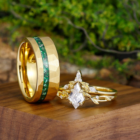 Gorgeous Kite Cut Moissanite Yellow Gold Plated Leafs Couples Ring Set Hammered Emerald Tungsten Ring