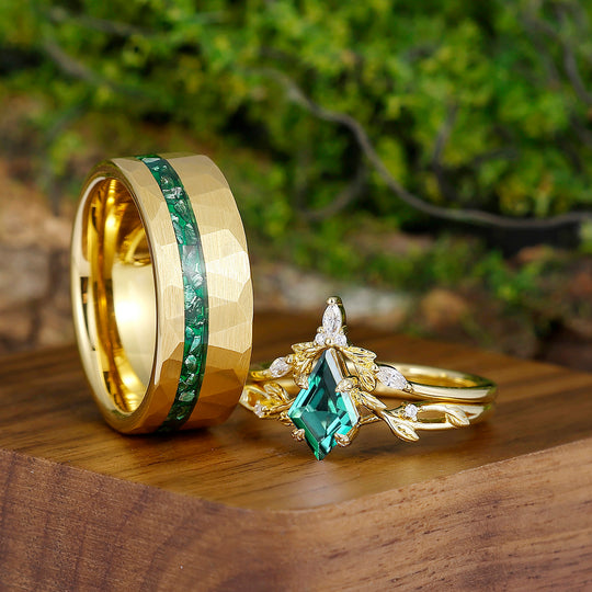 Personalized Kite Cut Emerald Leaf Blade Couples Ring Set Hammered Tungsten Matching Ring