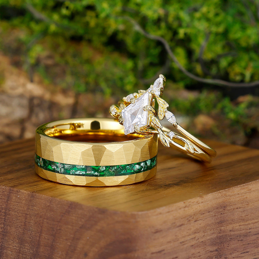 Gorgeous Kite Cut Moissanite Yellow Gold Plated Leafs Couples Ring Set Hammered Emerald Tungsten Ring