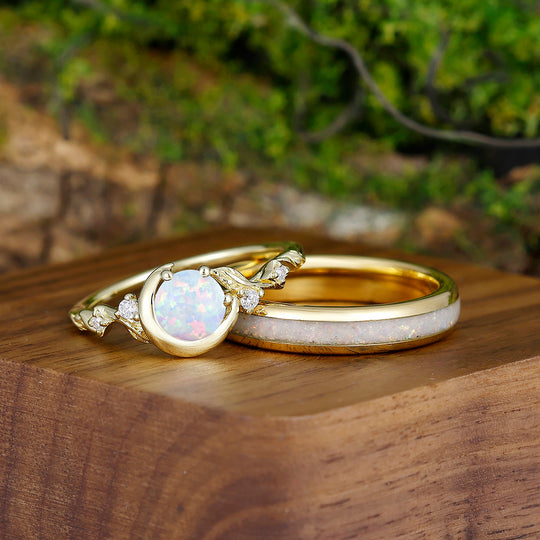 Half-moon Blade Opal Yellow Gold Plated Couples Ring Set 4mm Tungsten Matching His and Hers Wedding Band