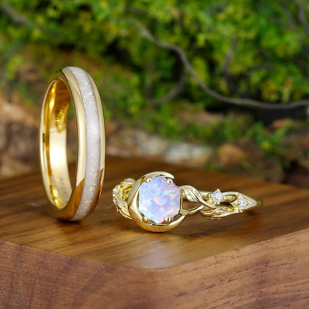 Dreamy Hexagon Cut Opal Leaf Couples Ring Set Opal Matching Engagement and Tungsten Wedding Rings