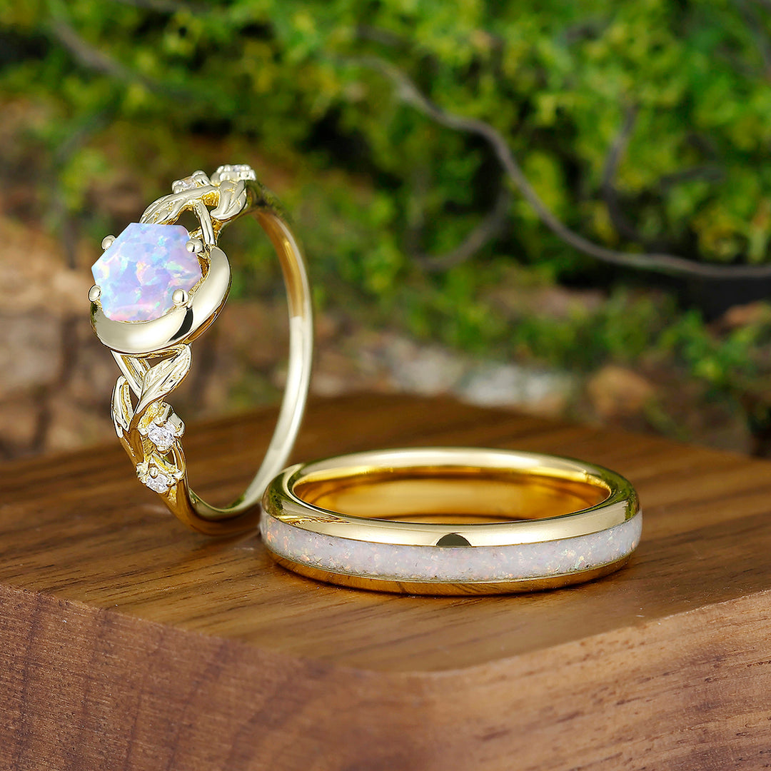 Dreamy Hexagon Cut Opal Leaf Couples Ring Set Opal Matching Engagement and Tungsten Wedding Rings