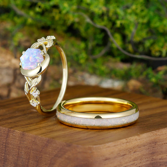 Dreamy Hexagon Cut Opal Leaf Couples Ring Set Opal Matching Engagement and Tungsten Wedding Rings