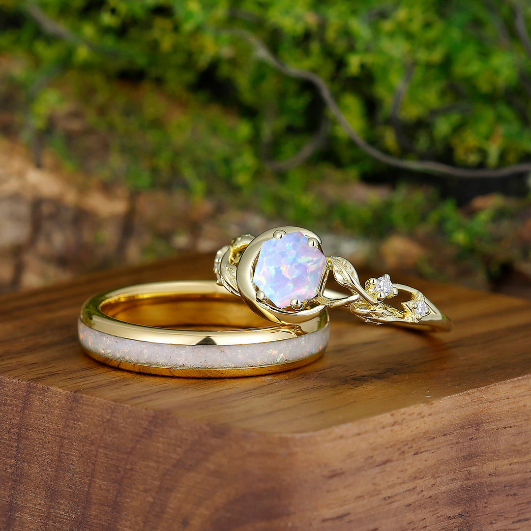 Dreamy Hexagon Cut Opal Leaf Couples Ring Set Opal Matching Engagement and Tungsten Wedding Rings