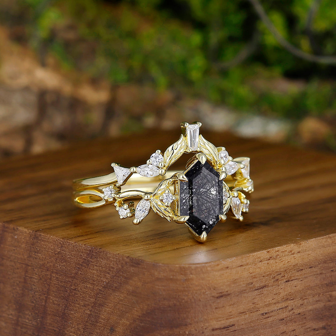 Retro Long Hexagon Black Rutilated Quartz Leaves Couples Rings Set Tungsten Matching Couple Set