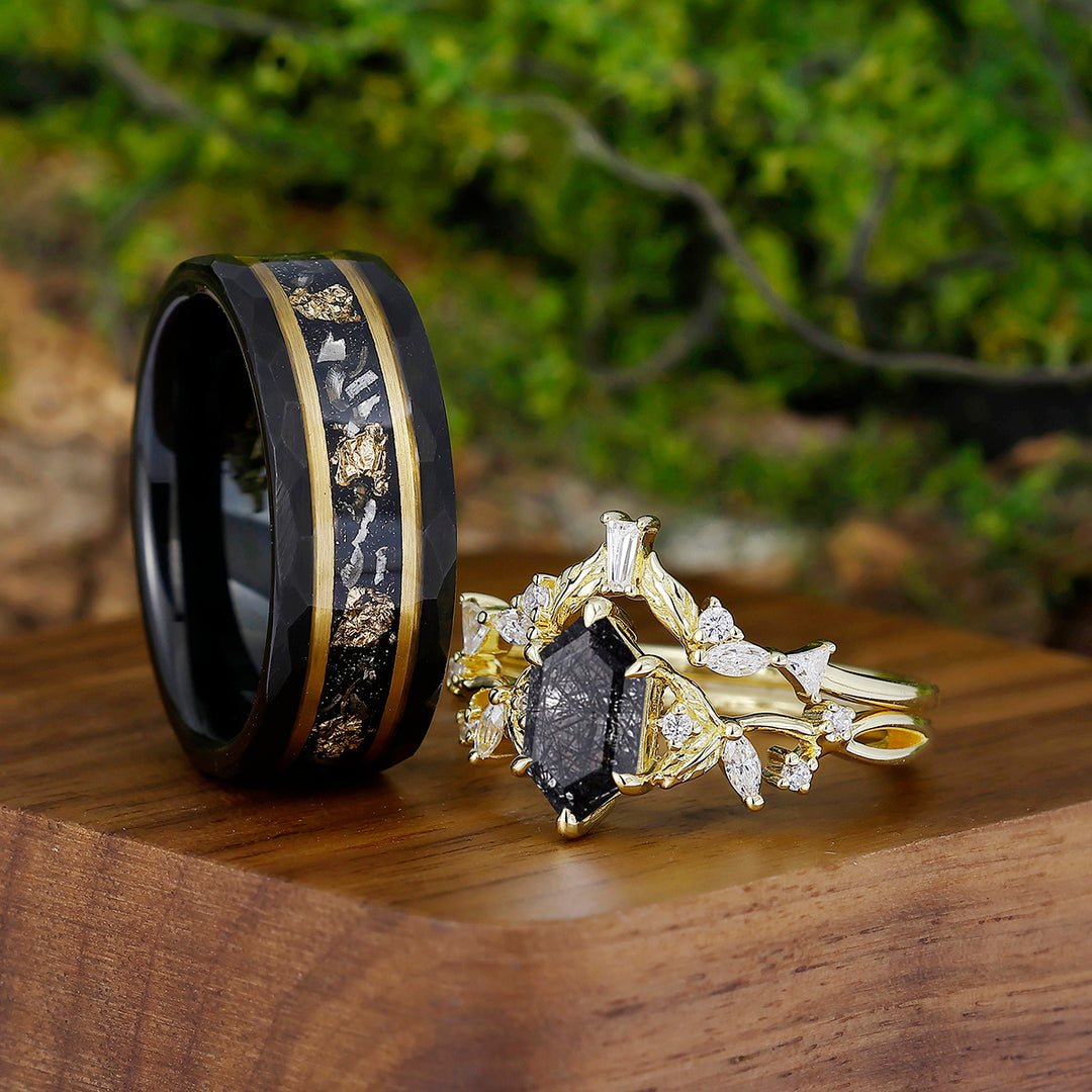 Retro Long Hexagon Black Rutilated Quartz Leaves Couples Rings Set Tungsten Matching Couple Set