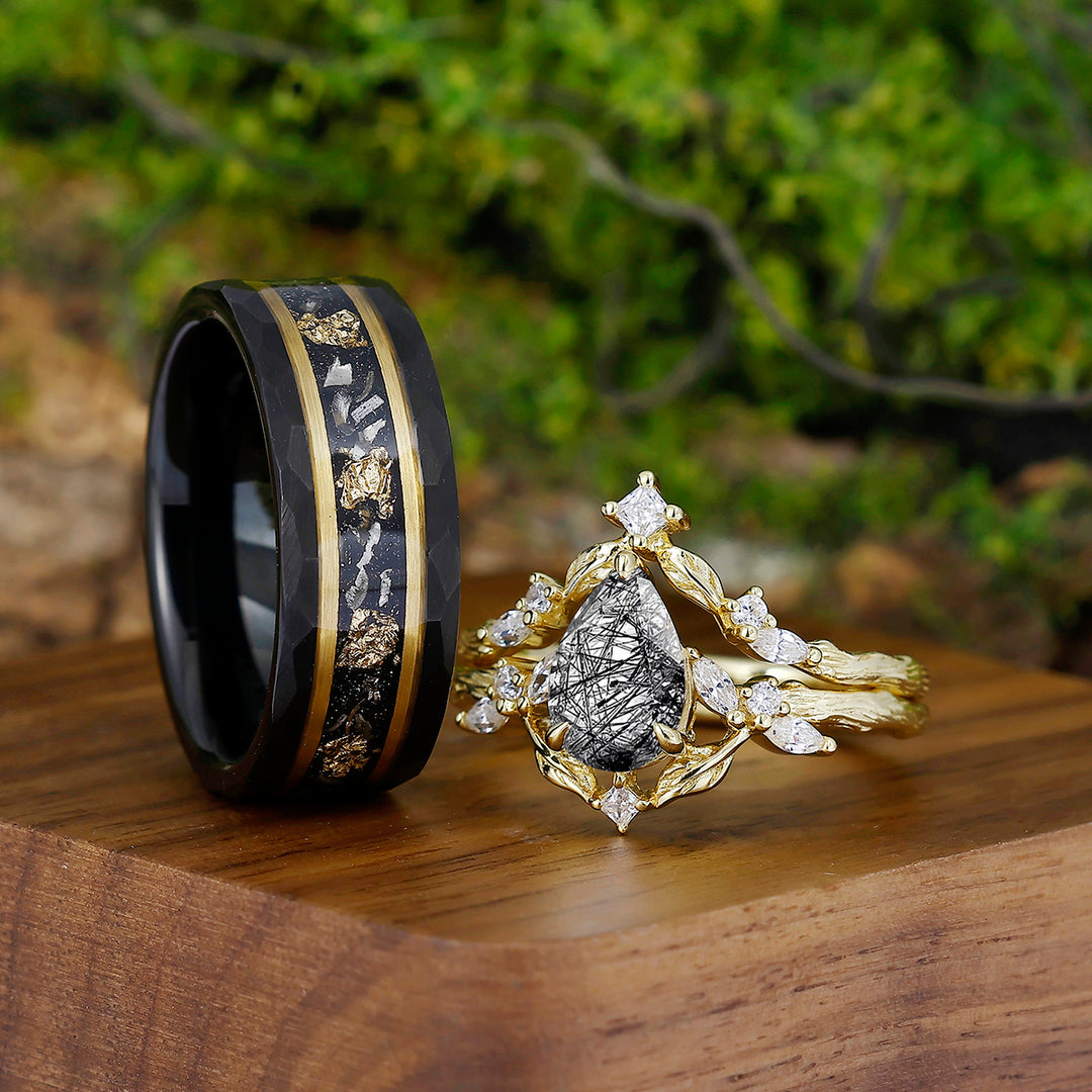 Vintage Pear Cut Black Rutilated Quartz Branches Leaves Couples Rings Black Tungsten Matching Ring Couple Rings