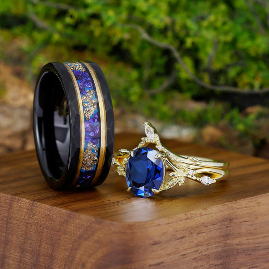 Dainty Oval Cut Sapphire Engagement Twig Couples Ring Set Matching Tungsten His and Hers Wedding Band