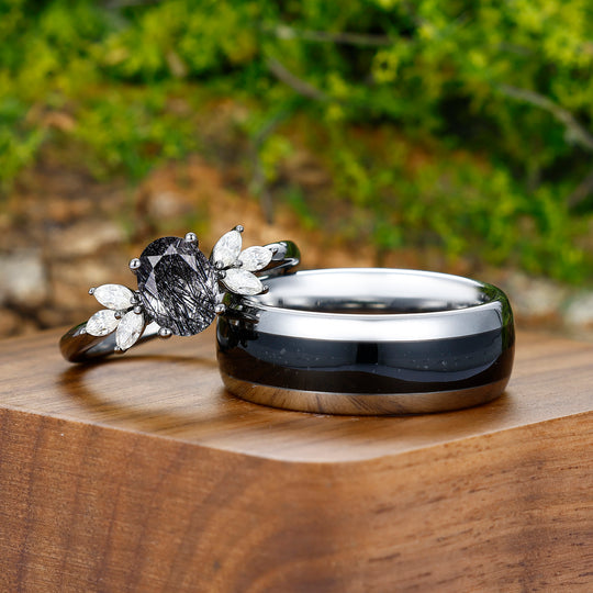 1.5CT Oval Cut Black Rutilated Quartz Engagement Moissanite Inlaid His and Hers Wedding Ring Set