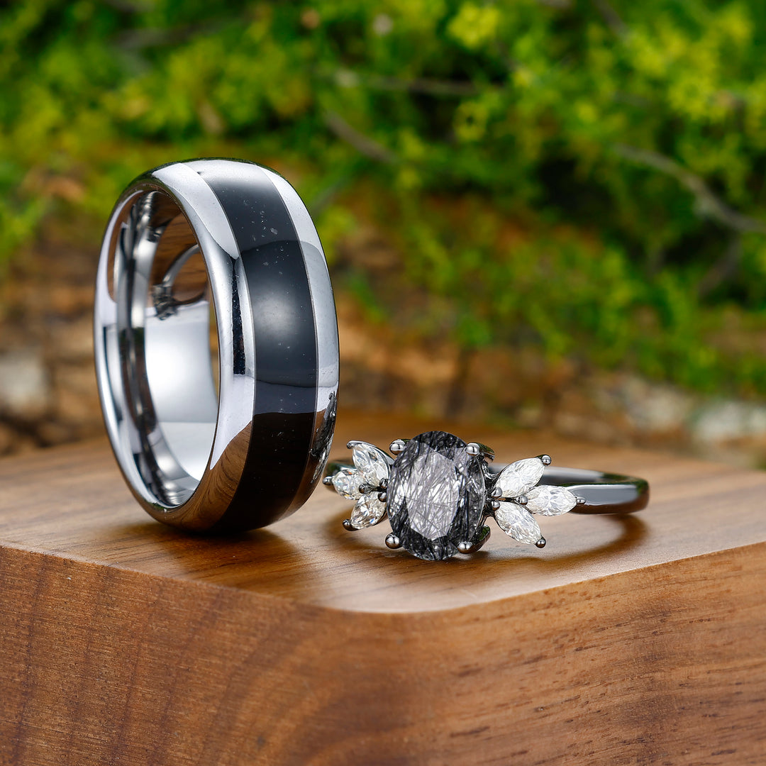 1.5CT Oval Cut Black Rutilated Quartz Engagement Moissanite Inlaid His and Hers Wedding Ring Set