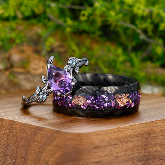 Unique 1.3CT Pear Cut Natural Amethyst Engagement Alexandrite Inlaid Couples Ring Set For Wedding Gift