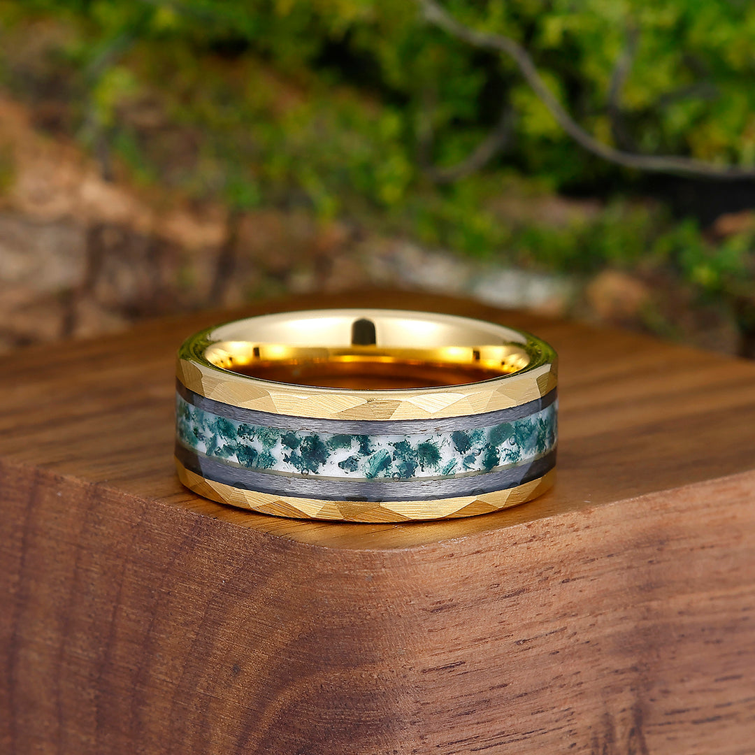 Stylish Men's 8mm Tungsten Ring Moss Agate - Black, Rose Gold, Yellow Gold Anniversary & Promise Band