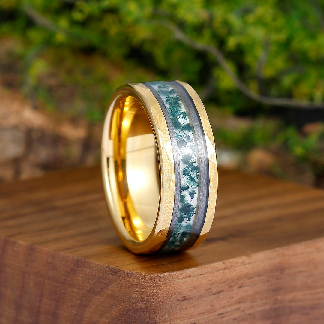 Stylish Men's 8mm Tungsten Ring Moss Agate - Black, Rose Gold, Yellow Gold Anniversary & Promise Band